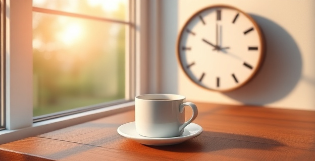 Una taza de café en una mesa de madera junto a una ventana con luz natural, con un reloj de pared marcando una hora después del amanecer
