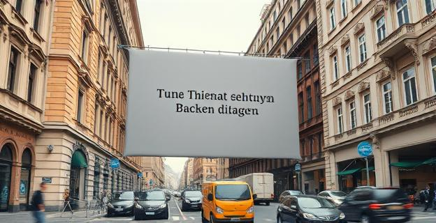 Una lona publicitaria gigante colgando de un edificio clásico en una calle bulliciosa de una gran ciudad. El texto de la lona está en un idioma diferente al del entorno urbano, destacando sobre el fondo de edificios históricos y vehículos que transitan por la calle. Predominan los tonos ocres y grises de la arquitectura, con toques de color en la lona y el tráfico.