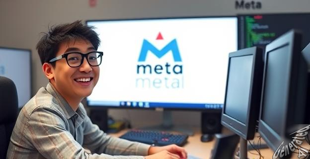 Un joven empresario de 29 años con gafas sonríe mientras trabaja en su escritorio, rodeado de computadoras y código de programación, con una gran pantalla que muestra el logotipo de Meta en el fondo.