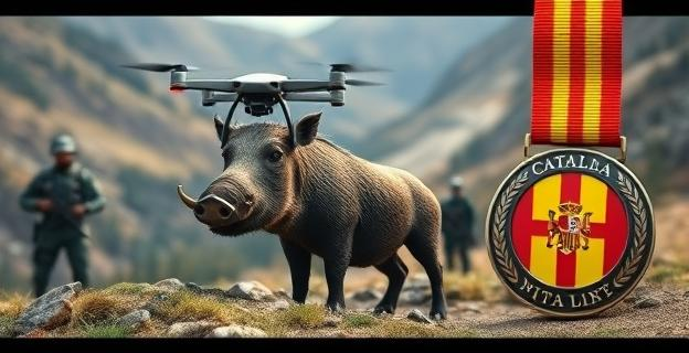 Imagen de un jabalí en un entorno montañoso con un dron sobrevolando el área, y militares con equipo de protección en el fondo. En un lateral, una medalla con la bandera catalana y la imagen de un militar con una lanza.