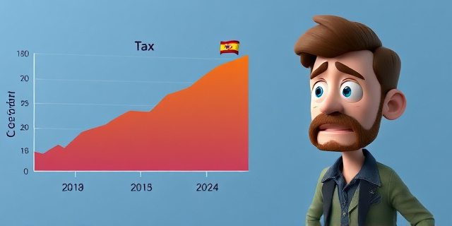 Un gráfico que muestra la evolución de la recaudación de Hacienda en España desde 2018, con un aumento significativo en 2024, y una imagen de un empresario español con una cara de preocupación