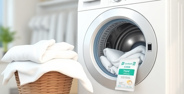 Una lavadora con ropa blanca brillante y un paquete de percarbonato de sodio junto a ella, en un entorno de hogar limpio y ecológico.