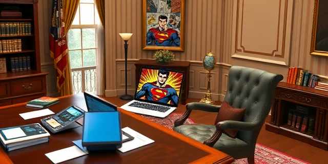 Un despacho presidencial con una mesa de trabajo donde hay una viñeta de un hombre como superhéroe, con un ordenador portátil abierto y una silla vacía detrás, rodeado de libros y documentos.