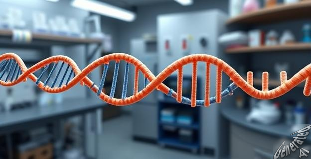Un diagrama de un ordenador cuántico que muestra la estructura secundaria de un ARNm con pseudonudos, con un fondo de laboratorio de investigación.