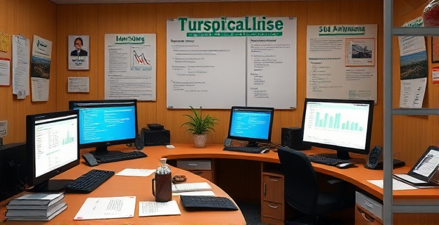 Oficina con documentos y computadoras mostrando información sobre empresas y transacciones financieras sospechosas