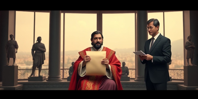 Un retrato simbólico de un rey de España, con toga, sentado frente a una gran ventana de un museo arqueológico, con estatuas de antiguos pueblos originarios en el fondo, mientras sostiene un pergamino que simboliza una disculpa; al lado, un diplomático mexicano, con traje oscuro, entrega el pergamino, ambos miran hacia el horizonte de la ciudad, sin rostros identificables, colores sobrios y un aire de tensión histórica.