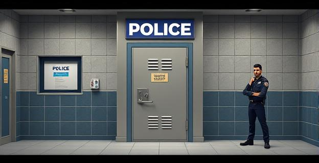 Imagen de una comisaría de policía con una taquilla precintada y agentes de policía en el exterior