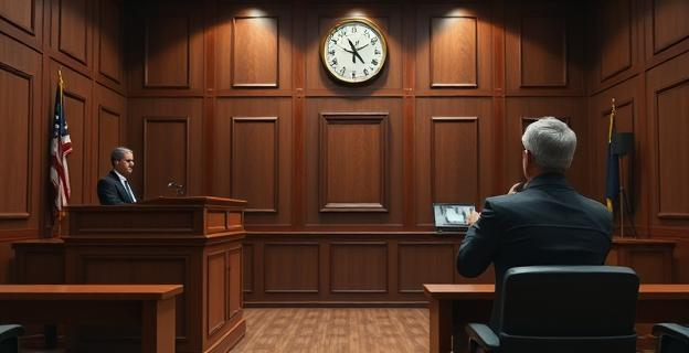 Una sala de tribunal con un juez y un periodista sentado en el banquillo de los testigos, con un ambiente tenso y serio