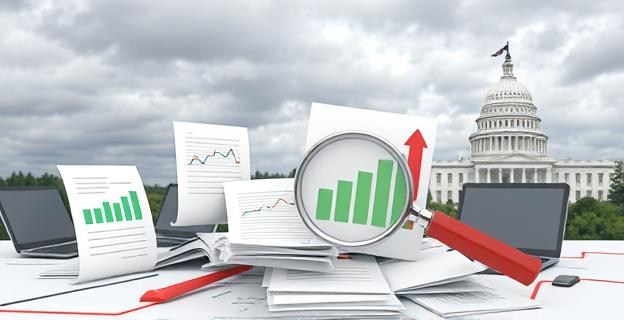 Una representación conceptual de una investigación financiera compleja. Varios documentos interconectados con flechas, gráficos de barras que muestran flujos de dinero en tonos verdes y rojos, una lupa sobre un montón de papeles y ordenadores. Al fondo, siluetas de edificios gubernamentales estilizados, bajo un cielo nublado que sugiere incertidumbre. No se muestran personas.