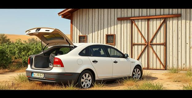 Coche blanco abandonado junto a nave hortofrutícola con maletero entreabierto en zona rural de Almería