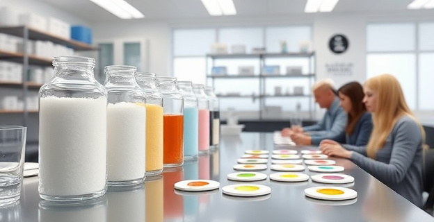 Imagen de un laboratorio con varios recipientes de vidrio conteniendo diferentes tipos de azúcar y un grupo de personas probando muestras de sabores en discos de papel