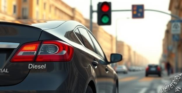 Imagen de un coche diésel con una etiqueta de restricción en un semáforo de una ciudad española