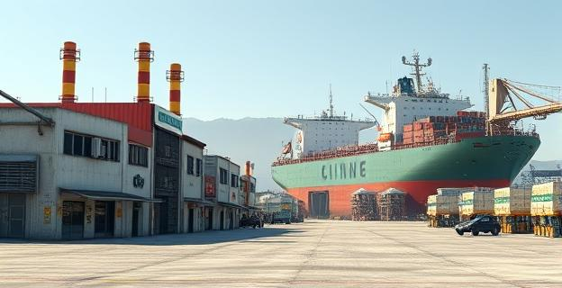 Imagen de un polígono industrial español vacío con varios almacenes y restaurantes al lado de una fábrica abandonada, con un barco de carga chino al fondo descargando mercancías