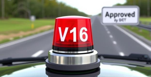 Imagen de una baliza V16 en un vehículo con un fondo de carretera y un letrero indicando 