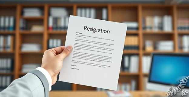 Una persona entrega una carta de renuncia en una oficina de empleo, con un fondo de estanterías llenas de libros y papeles.