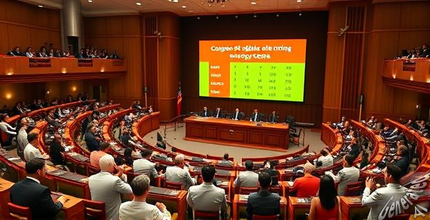 Imagen de un pleno del Congreso de los Diputados con diputados del PP y otros partidos políticos votando en contra del decreto energético, con una pantalla gigante mostrando el resultado de la votación.