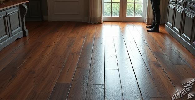 Una vivienda con suelo de madera muy castigado y golpes, junto a una interiorista examinando el suelo.