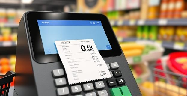 Imagen de una caja registradora de supermercado con un ticket de compra anulado y una cantidad de 0 euros, en un entorno de productos de alimentación y artículos de primera necesidad.