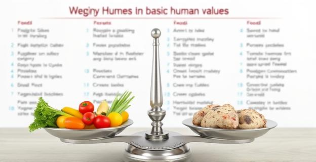 Imagen de una balanza con alimentos vegetarianos y cárnicos en cada plato, con una lista de valores humanos básicos en el fondo