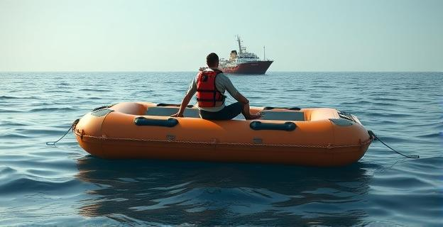 Imagen de un colchón hinchable en medio del mar con un hombre encima, a lo lejos se ve un barco de salvamento marítimo acercándose.