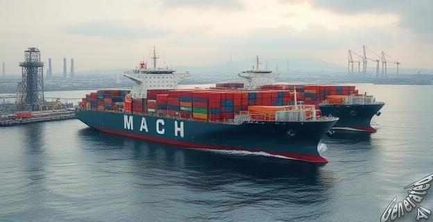 Un buque portacontenedores de gran tamaño propulsado por un reactor nuclear de sodio líquido, con una ciudad industrial en el fondo.