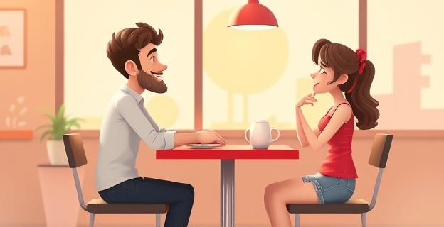 Ilustración de una pareja en un café, sentados en mesas separadas pero mirándose con cariño, reflejando independencia y conexión emocional.