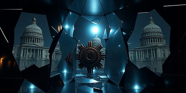 Un laberinto de espejos rotos con reflejos distorsionados de edificios gubernamentales y billetes de dólar. La iluminación es oscura y contrastada, con un foco de luz sobre un engranaje oxidado. Estilo neo-noir, colores fríos y saturados.
