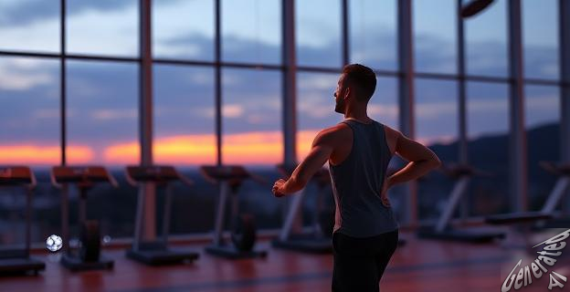 Persona haciendo ejercicio cardiovascular en un gimnasio al atardecer