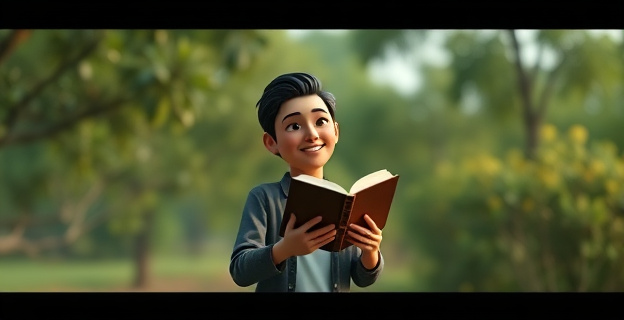 Imagen de una persona en un entorno minimalista, rodeada de naturaleza, con un libro en la mano y una expresión de serenidad, simbolizando la desconexión digital y la conexión con lo esencial