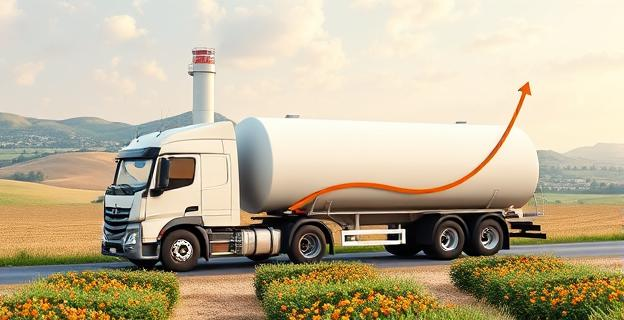 Imagen de un camión cisterna transportando leche hacia una fábrica de procesamiento en España, con un fondo de paisajes agrícolas y un gráfico de barras descendente representando la disminución de la producción lechera.