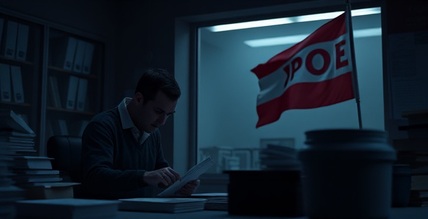 Una escena oscura y tensa en una oficina de Correos, con un trabajador tramitando votos por correo de manera sospechosa, mientras al fondo se ve una bandera del PSOE ondeando discretamente.