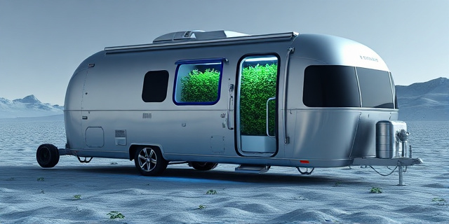Una escena futurista y limpia. Una caravana plateada y brillante, con jardines verticales en su interior, iluminada por luces azules y verdes. El entorno es un paisaje lunar árido, pero con pequeñas plantas creciendo cerca de la caravana. El estilo es de ilustración científica, con detalles precisos y una paleta de colores fríos.