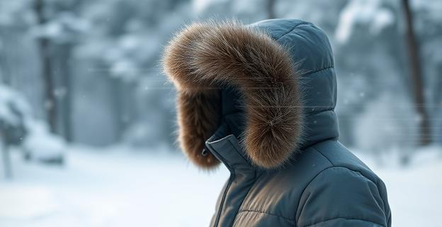 Imagen de un abrigo acolchado con capucha y borde de pelo en un entorno nevado, mostrando cómo el borde de pelo crea un 