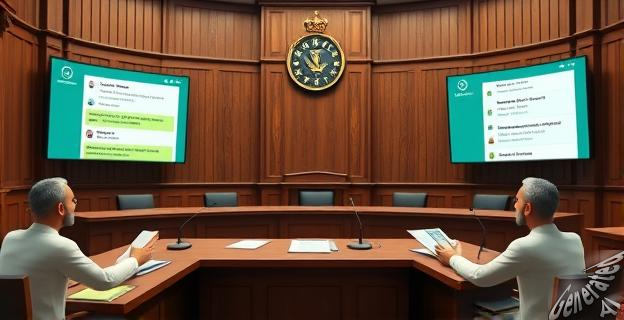 Un juzgado con documentos y pantallas mostrando conversaciones de Whatsapp entre dos hombres sobre obras públicas y nombramientos gubernamentales