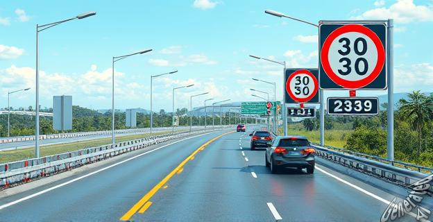 Una imagen de una autopista con señales de límite de velocidad dinámico y un sistema de inteligencia artificial monitoreando el tráfico.