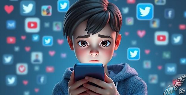 Una imagen de un adolescente sosteniendo un teléfono móvil con una expresión de tristeza y aislamiento en su rostro, rodeado de iconos de redes sociales y alertas de notificación en la pantalla.