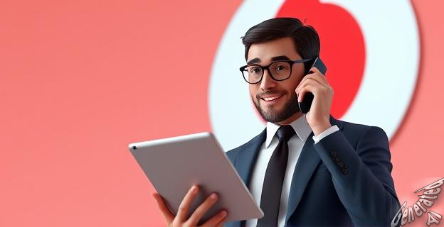 Un hombre de negocios hablando por teléfono con una tablet con el logo de Vodafone detrás