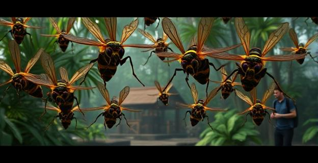 Un enjambre de avispones gigantes asiáticos atacando a dos personas en una zona selvática cerca de un parque de aventuras