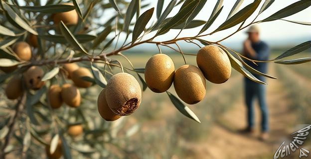 Un olivo con frutos secos y dañados por el calor y las plagas, al fondo un agricultor mirando hacia el horizonte con preocupación