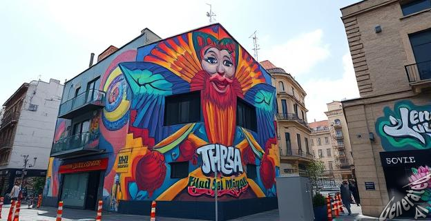 Un mural colorido en una fachada de Fuenlabrada con el nombre de Okuda San Miguel, rodeado de otros murales urbanos.