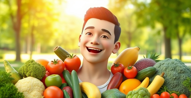 Una persona sonriente y saludable rodeada de frutas y verduras frescas, con un fondo de un parque verde y soleado, simbolizando la conexión entre alimentación saludable y rejuvenecimiento.
