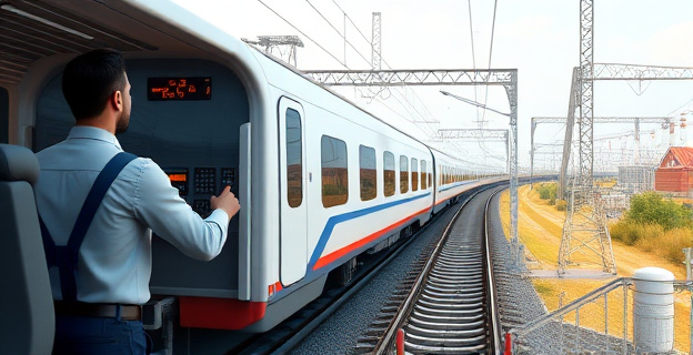 Imagen de un tren de alta velocidad circulando por una vía férrea con un paisaje industrial al fondo, mientras un maquinista mira con preocupación el panel de control.