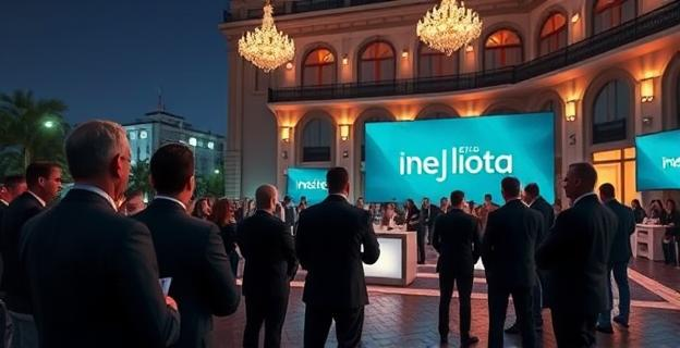 Una imagen de un acto político en Mérida con representantes del PSOE, sin incluir personas específicas, en un hotel de lujo por la noche.