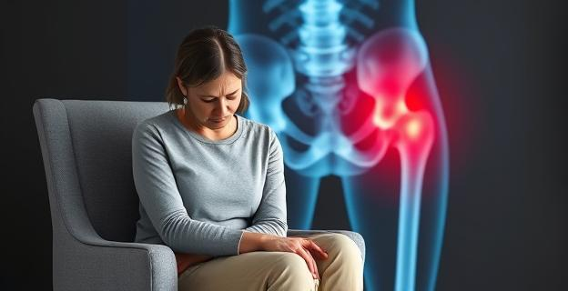 Una mujer sentada en una silla con una expresión de dolor en su rostro, con una radiografía de cadera en el fondo que muestra una displasia congénita bilateral y coxartrosis avanzada.