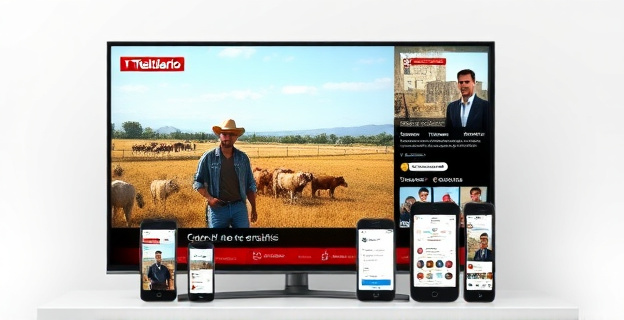 Una pantalla de televisión muestra el Telediario de TVE con un vídeo de una joven agricultora y ganadera en un entorno rural, mientras en el fondo se ve un noticiario con imágenes de Pedro Sánchez y el campo. La pantalla está rodeada de dispositivos móviles mostrando redes sociales con el perfil de la influencer.