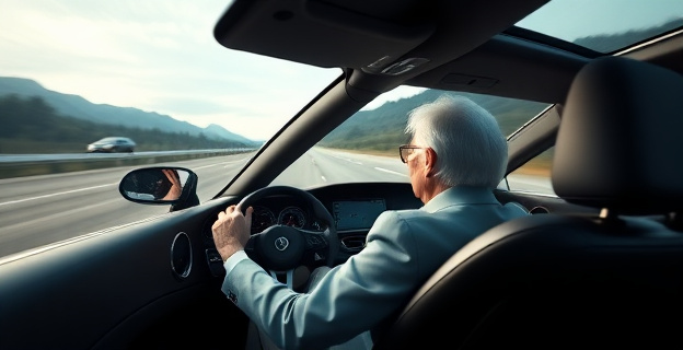 Una mujer mayor al volante de un coche de alta gama circulando a gran velocidad por una autovía, con un fondo borroso que sugiere velocidad extrema