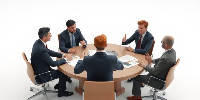 Un grupo de abogados sentados alrededor de una mesa, con documentos y papeles esparcidos, discutiendo y gesticulando con seriedad y preocupación