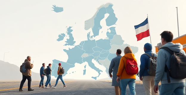 Una escena que representa la tensión migratoria en la frontera europea, con personas de diferentes nacionalidades y un mapa de Europa al fondo, en un estilo de arte conceptual y abstracto.