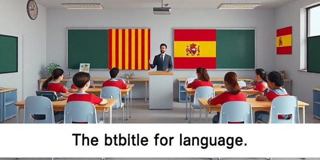 Una imagen de un aula con estudiantes y profesores, con un fondo de banderas catalanas y españolas, y un titular que dice 