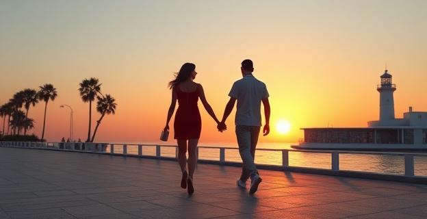 Pareja caminando de la mano por un paseo marítimo con un atardecer de fondo, con palmeras y un faro al lado